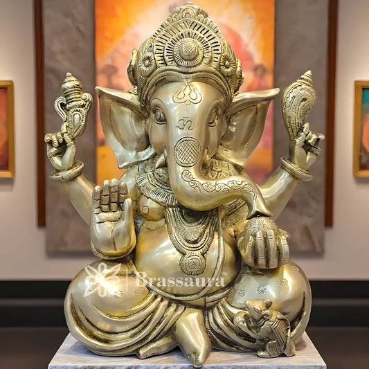 Brassaura™ Brass Ganesha Idol for Home and Decor | Weight 9 Kgs | Height 12 Inches