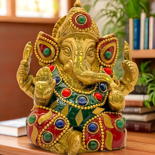 Brassaura™ Brass Lakh Work (Gem Stone) Ganesha Idol – Height 3.5 inches & Weight 0.65 kgs | Ganpati Murti for Home & Pooja Room