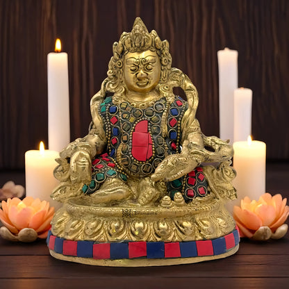 Brassaura™ Brass Gem Stone Work Kuber Idol – Height 5.6 Inches & Weight 1.2 Kgs | Divine Home & Pooja Sculpture