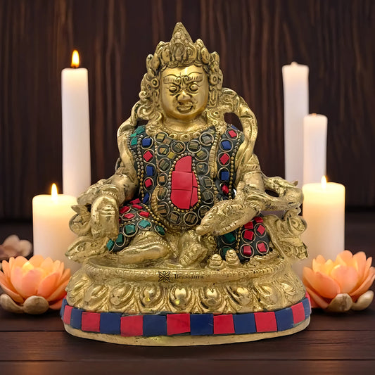 Brassaura™ Brass Gem Stone Work Kuber Idol – Height 5.6 Inches & Weight 1.2 Kgs | Divine Home & Pooja Sculpture