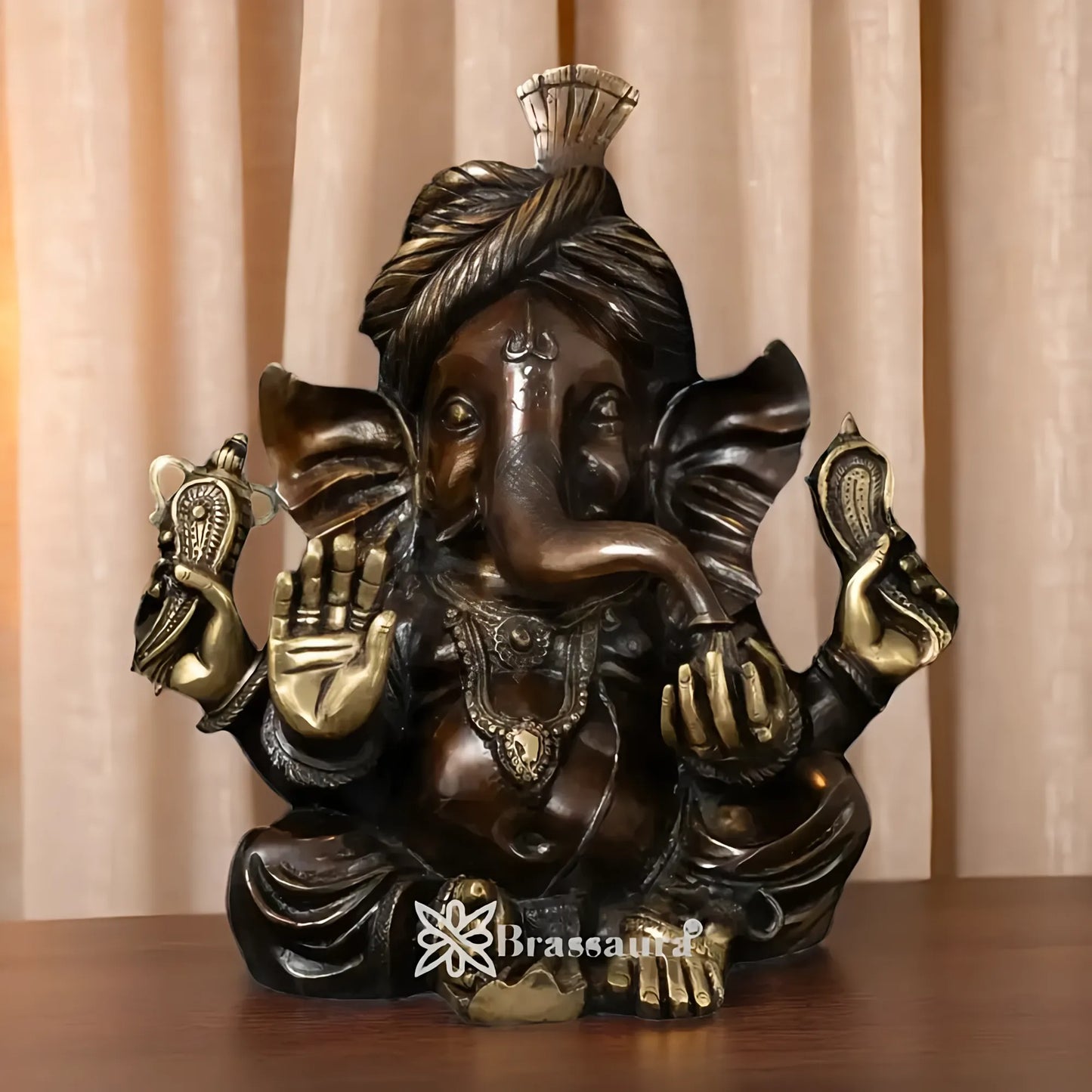 Brassaura™ Brass Gem Stone Work Ganesha Idol | Height 13.5 Inches & Weight 13.5 Kgs