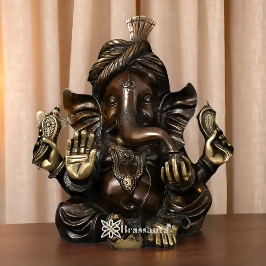 Brassaura™ Brass Gem Stone Work Ganesha Idol | Height 13.5 Inches & Weight 13.5 Kgs
