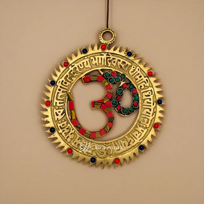 Brassaura™ Brass Gemstone Work Om Wall Hanging Idol – Height 6 Inches & Weight 0.3 Kgs | Spiritual Home Décor