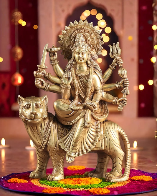 Brassaura™ 12-Inch Pure Brass Sherawali Mata Idol – 4.8kg – Handcrafted Durga Statue on Tiger for Strength & Protection