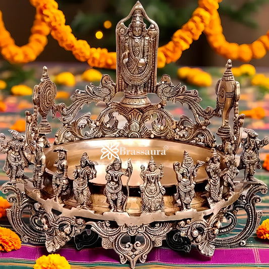 It's a large Traditional Urli with Lord tirupati balaji and 10 incarnations of Lord Vishnu. Material: Superfine Brass Height 16.5 inches Width 17 inches Depth 17 inches Weight 15 kgs