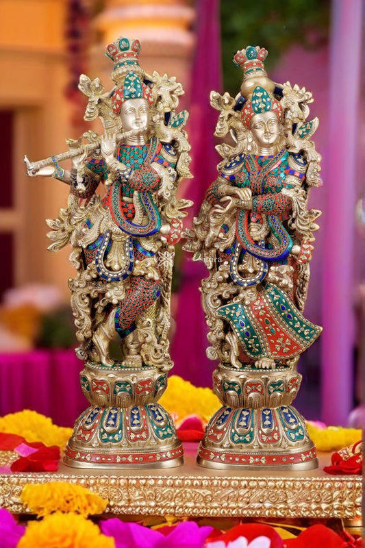 Brassaura™ Handmade Brass Radha Krishna Idol Pair with Meenakari – Height 30 & 29 Inches & Weight 35 Kgs | Elegant Devotional Statues