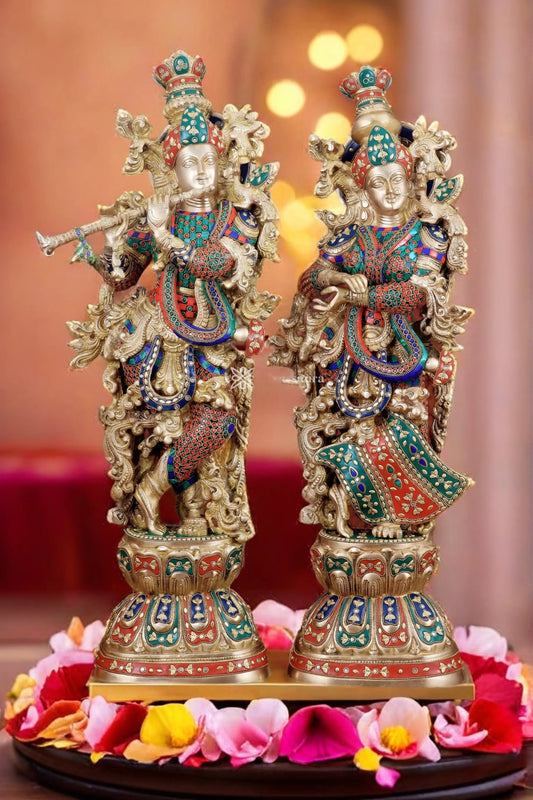 Brassaura™ Handmade Brass Radha Krishna Idol Pair with Meenakari – Height 30 & 29 Inches & Weight 35 Kgs | Elegant Devotional Statues