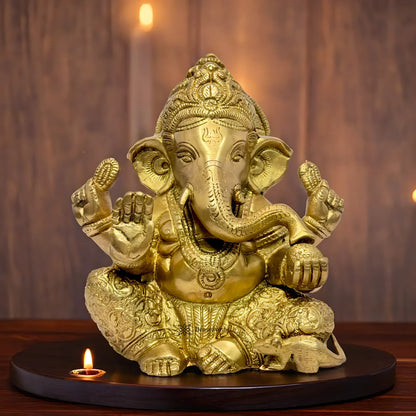 Brassaura™ Brass Golden Ganesha Statue – Height 9.84 inches & Weight 2.1 kgs | Traditional Ganpati Murti for Home & Pooja Room