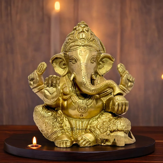 Brassaura™ Brass Golden Ganesha Statue – Height 9.84 inches & Weight 2.1 kgs | Traditional Ganpati Murti for Home & Pooja Room