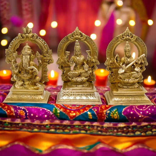 Brassaura™ Traditional Brass Laxmi Ganesha Saraswati Murti – Height 7 Inches & Weight 4.5 Kgs | Hindu Idol