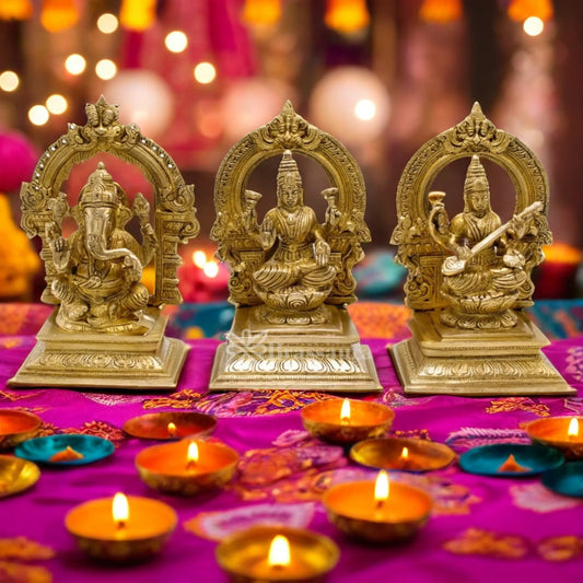 Brassaura® Traditional Brass Laxmi Ganesha Saraswati Murti – Height 7 Inches | Hindu Idol