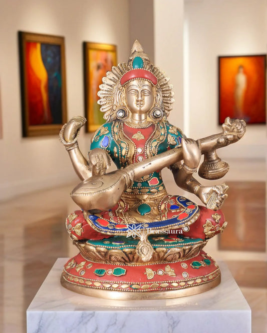 Brass Gem Stone Work Saraswati for Home and Decor Height 9 Inches & Weight 4.5 Kgs