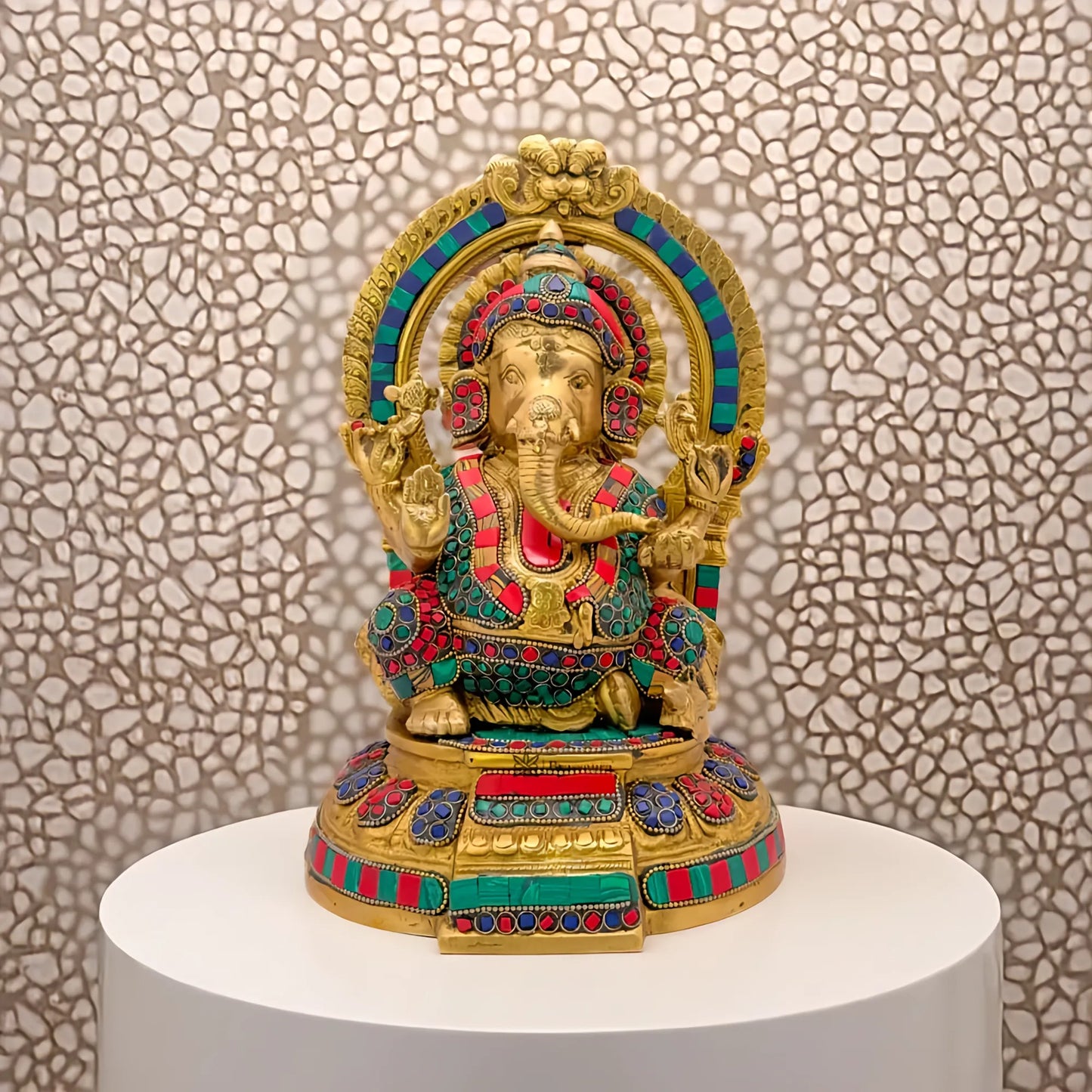 Brassaura™ Gemstone-Embellished Brass Ganesha Statue for Home & Temple Décor | Height 13 Inches & Weight 5.6 Kgs