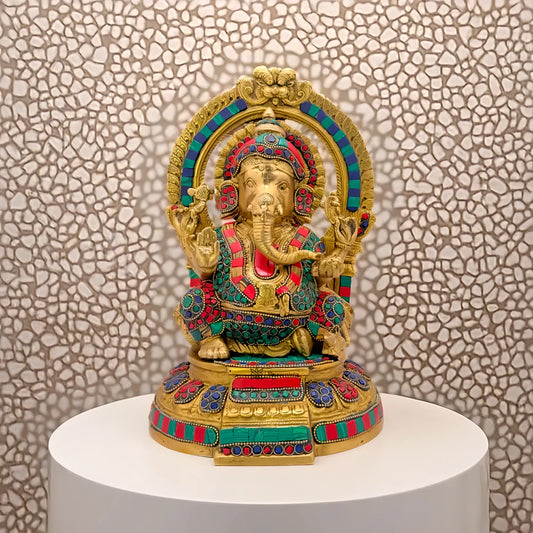 Brassaura™ Gemstone-Embellished Brass Ganesha Statue for Home & Temple Décor | Height 13 Inches & Weight 5.6 Kgs