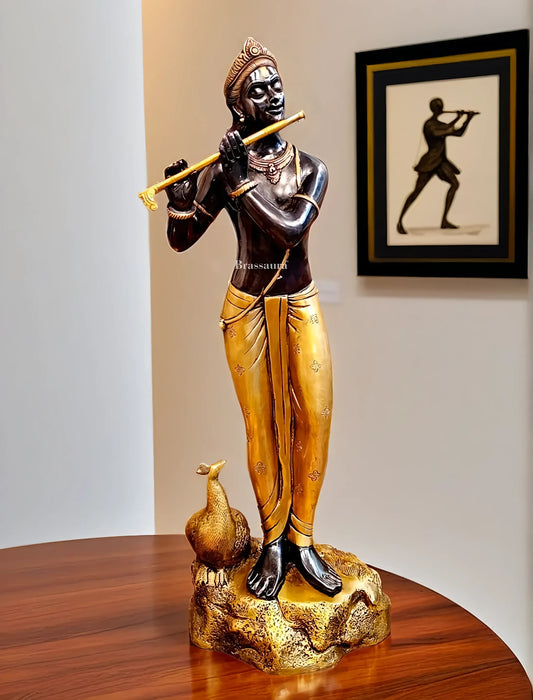 Brassaura™ Krishna Murlidhar Brass Idol – Height 29 Inches & Weight 18 Kgs | Black & Gold Finish