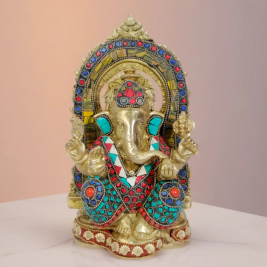 Brassaura™ Brass Gem Stone Work Ganesha Murti – Height 10.24 inches & Weight 2.3 kgs | Traditional Ganpati Murti for Home & Pooja Room