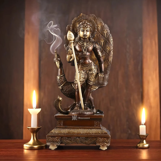 Brassaura™ Handcrafted Lord Murugan Brass Idol – 12.5 Inches Height, 4.5 Kgs – Chola Brown Antique Finish