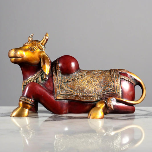 Brassaura™ Brass Nandi Statue with Hoysala Red Tone | Handcrafted Sacred Décor | Weight 9 Kgs | Width 15 Inches