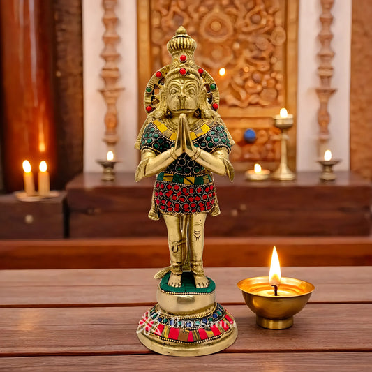 Brassaura™ Brass Gem Stone Work Hanuman Idol Height 11.2 Inches & Weight 2.8 Kg | Temple & Festive Use