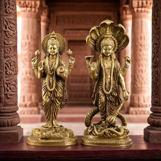 Brassaura™ Vishnu & Lakshmi Brass Idol Set – 13.79kg – 17-Inch Vishnu & 15-Inch Lakshmi – Handcrafted Statues for Wealth, Protection & Spiritual Decor