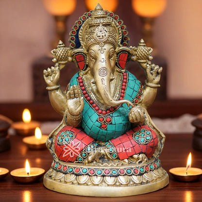 Brassaura™ Brass Gem Stone Work Ganesha Idol for Home and Decor | Weight 3 Kgs | Height 8 Inches