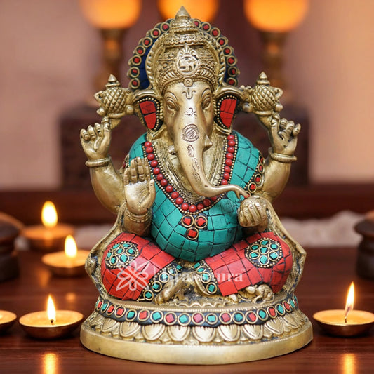 Brassaura™ Brass Gem Stone Work Ganesha Idol for Home and Decor | Weight 3 Kgs | Height 8 Inches