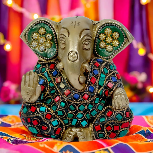 Brassaura™ Brass Gem Stone Work Ganesha Statue – Height 3.54 inches & Weight 0.9 kgs | Traditional Ganpati Murti for Home & Pooja Room