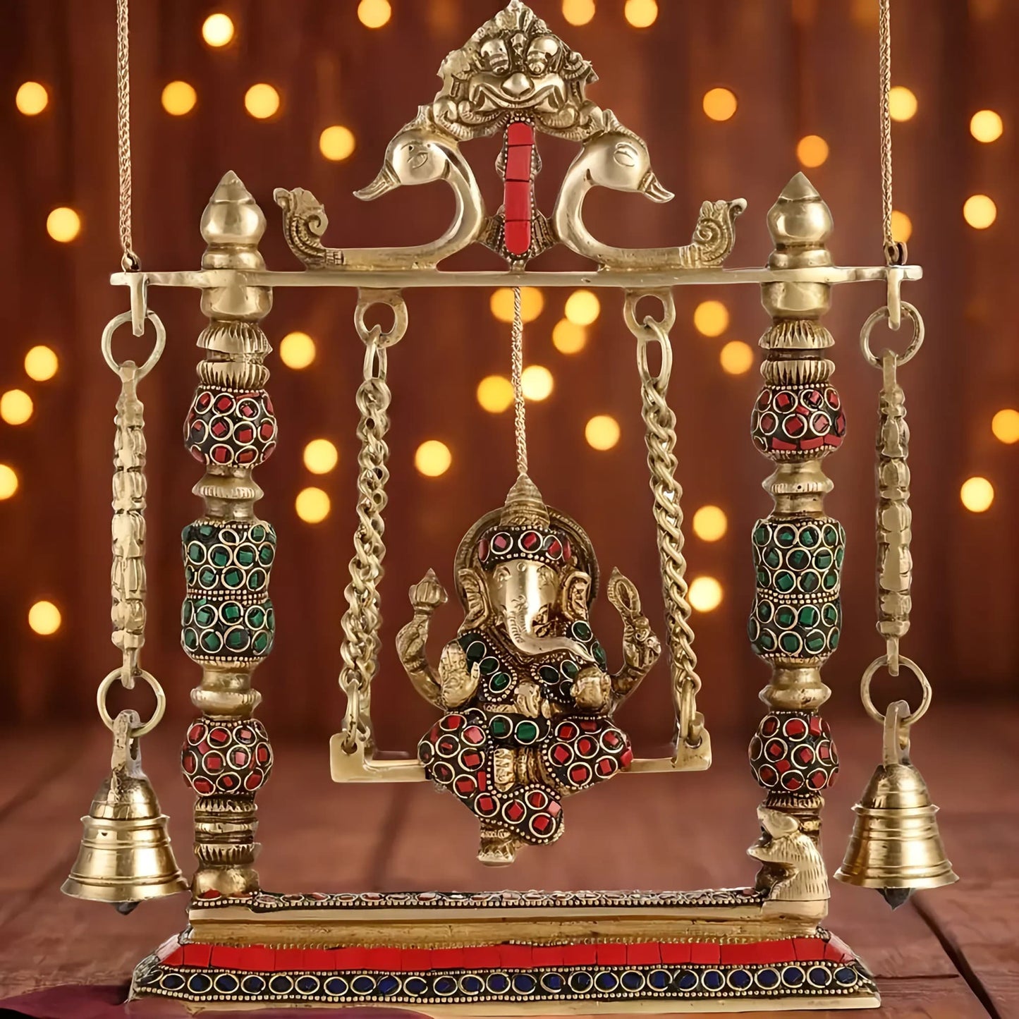 Brassaura™ Brass Ganesha on Swing with Meenakari Stonework | Height 10 Inches & Weight 2.5 Kgs