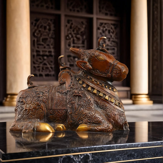 Brassaura™ Pure Brass Nandi Statue – Height 8 Inches & Weight 5.5 Kgs | Vintage Bronze Tone