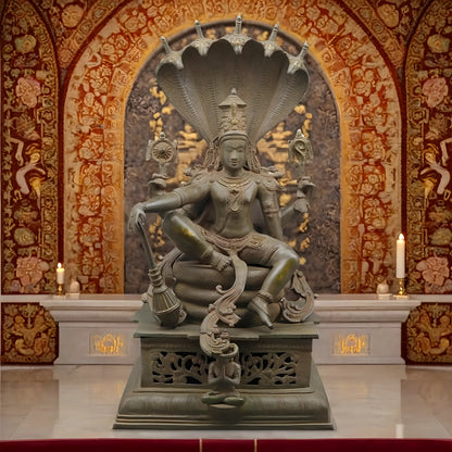 Brassaura™ Antique Finish Brass Lord Vishnu Seated on Sheshanaag Statue | 29 Inches Height | 36.64 Kgs Weight | Intricately Crafted