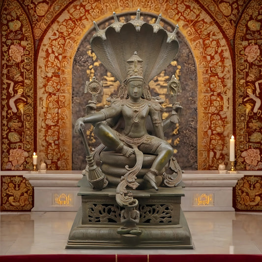 Brassaura™ Antique Finish Brass Lord Vishnu Seated on Sheshanaag Statue | 29 Inches Height | 36.64 Kgs Weight | Intricately Crafted