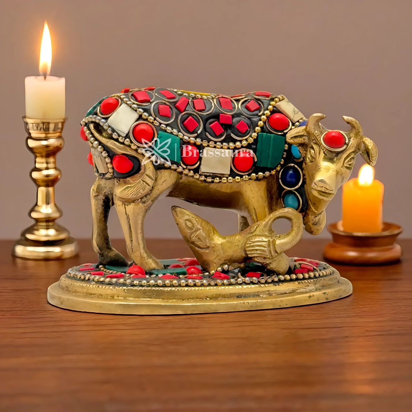 Brassaura™ Brass Gem Stone Work Kamdhenu Cow & Calf Idol – Height 2.4 Inches & Weight 0.4 Kgs | Home Temple & Spiritual Décor