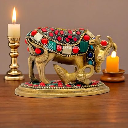 Brassaura™ Brass Gem Stone Work Kamdhenu Cow & Calf Idol – Height 2.4 Inches & Weight 0.4 Kgs | Home Temple & Spiritual Décor