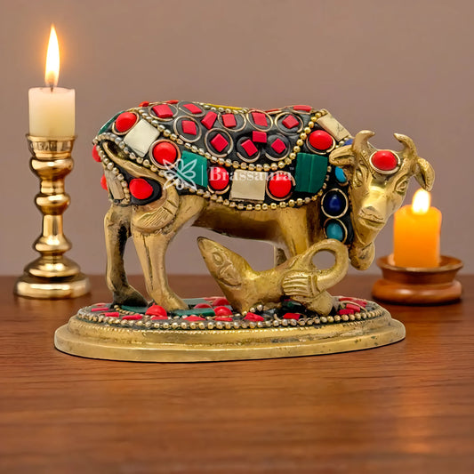 Brassaura™ Brass Gem Stone Work Kamdhenu Cow & Calf Idol – Height 2.4 Inches & Weight 0.4 Kgs | Home Temple & Spiritual Décor