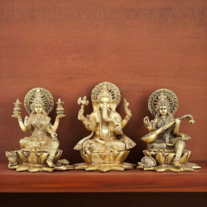 Brass Antique Laxmi Ganesha Saraswati Height 11 Inches & Weight 19 Kgs