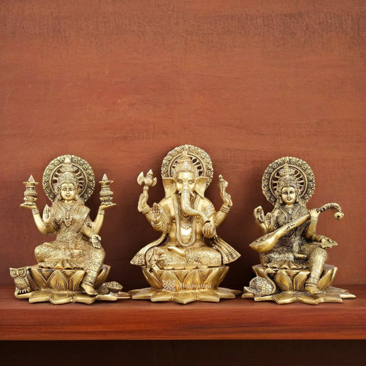 Brass Antique Laxmi Ganesha Saraswati Height 11 Inches & Weight 19 Kgs