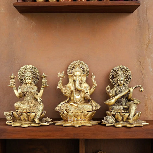 Brassaura® Traditional Brass Antique Laxmi Ganesha Saraswati Murti – Height 11  | Hindu Idol