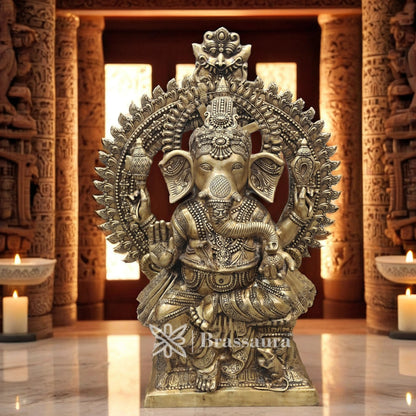 Brassaura™ Brass Big Ring Ganesha Statue for Home and Decor | Weight 130 Kgs | Height 50 Inches