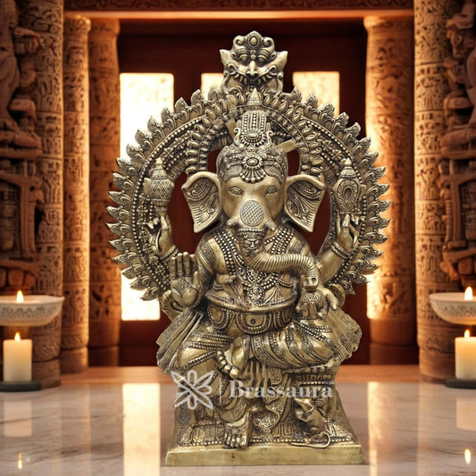 Brassaura™ Brass Big Ring Ganesha Statue for Home and Decor | Weight 130 Kgs | Height 50 Inches