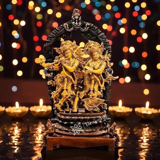 Brassaura™ Brass Radha Krishna Idol Pair with Peacocks & Prabhavali Arch – Height 17.5 Inches & Weight 10 Kgs | Elegant Devotional Sta