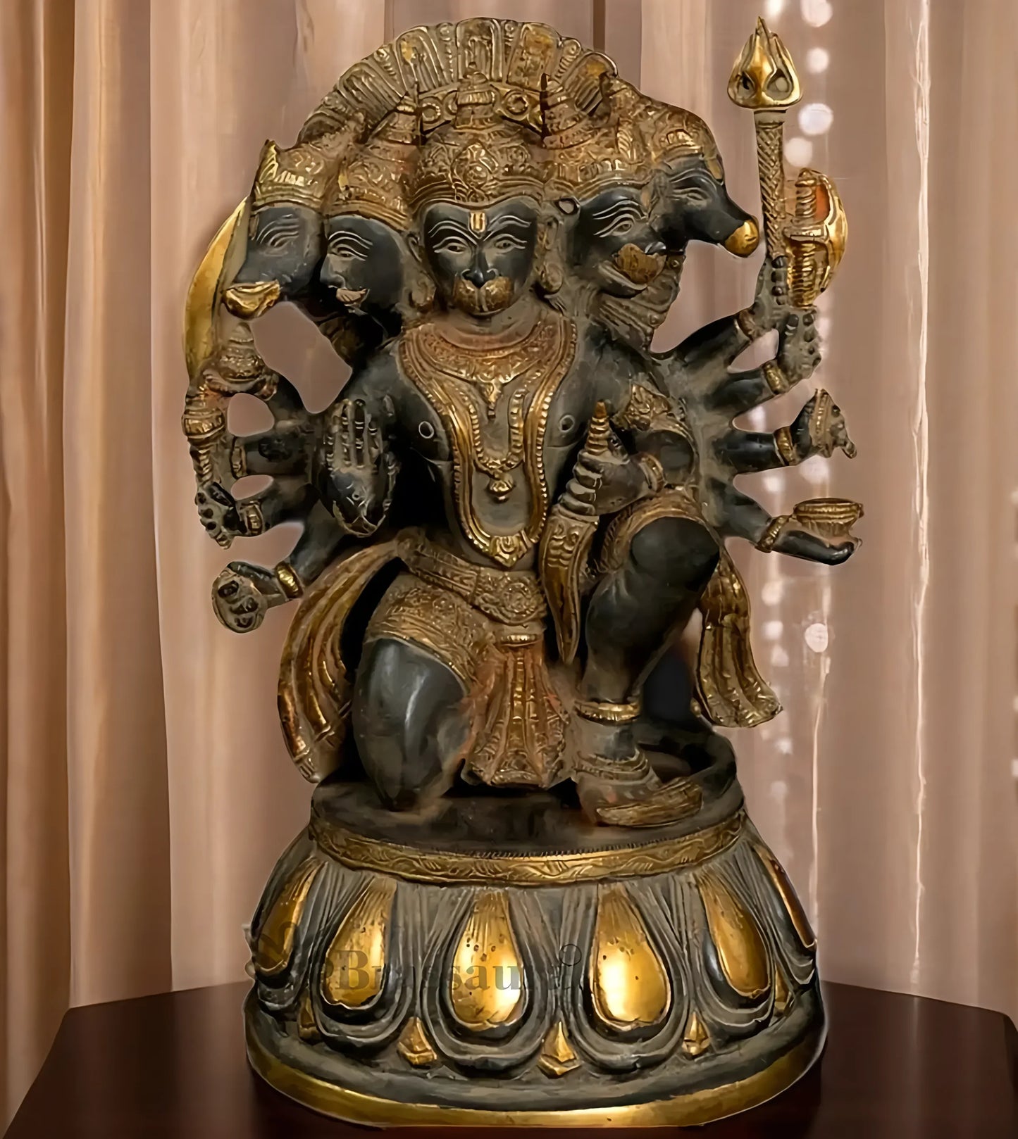Brassaura™ Handcrafted Superfine Brass Panchmukhi Hanuman Idol – Height 13.5 Inches & Weight 9 Kgs | Heat-Treated Sandstone Finish