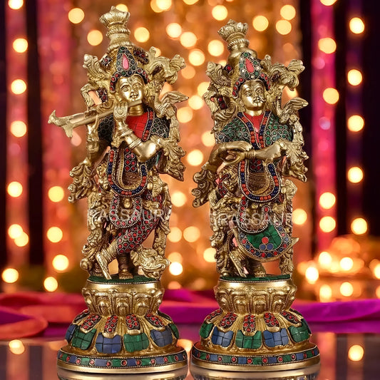 Brassaura™ Brass Radha Krishna Idol Pair with Multicolored Meenakari – Height 15 Inches & Weight 10 Kgs | Elegant Devotional Statue
