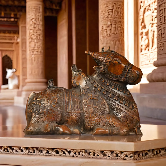 Brassaura™ Pure Brass Nandi Statue – Height 8 Inches & Weight 5.5 Kgs | Handcrafted Devotional Sculpture