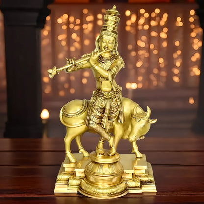Brassaura™ Krishna with Cow | Pure Brass Handcrafted Sculpture | Height 26 Inches & Weight 26 Kgs