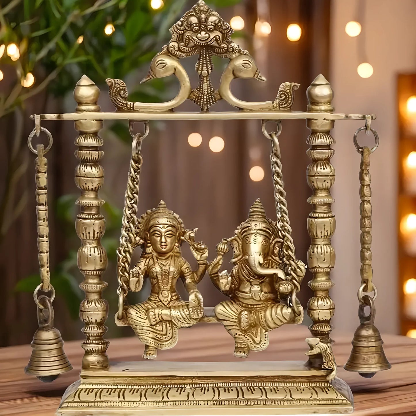 Brassaura™ Brass Laxmi Ganesha Jhula for Home & Temple Décor | Height 11 Inches & Weight 2.5 Kgs