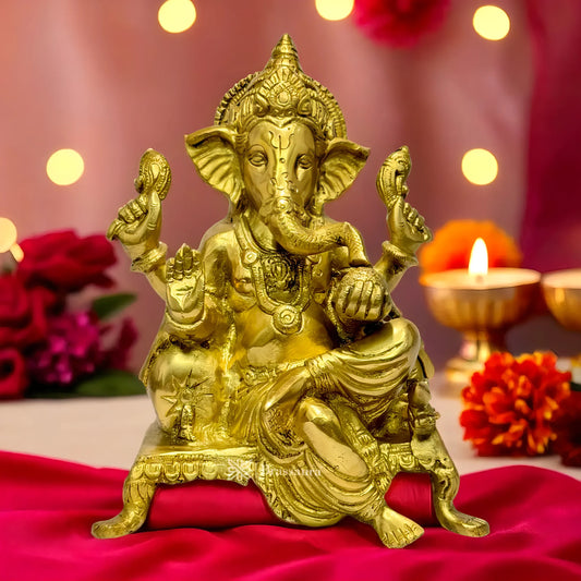 Brassaura™ Brass Golden Ganesha Chowki Statue – Height 11.81 inches & Weight 3 kgs | Traditional Ganpati Murti for Home & Pooja Room