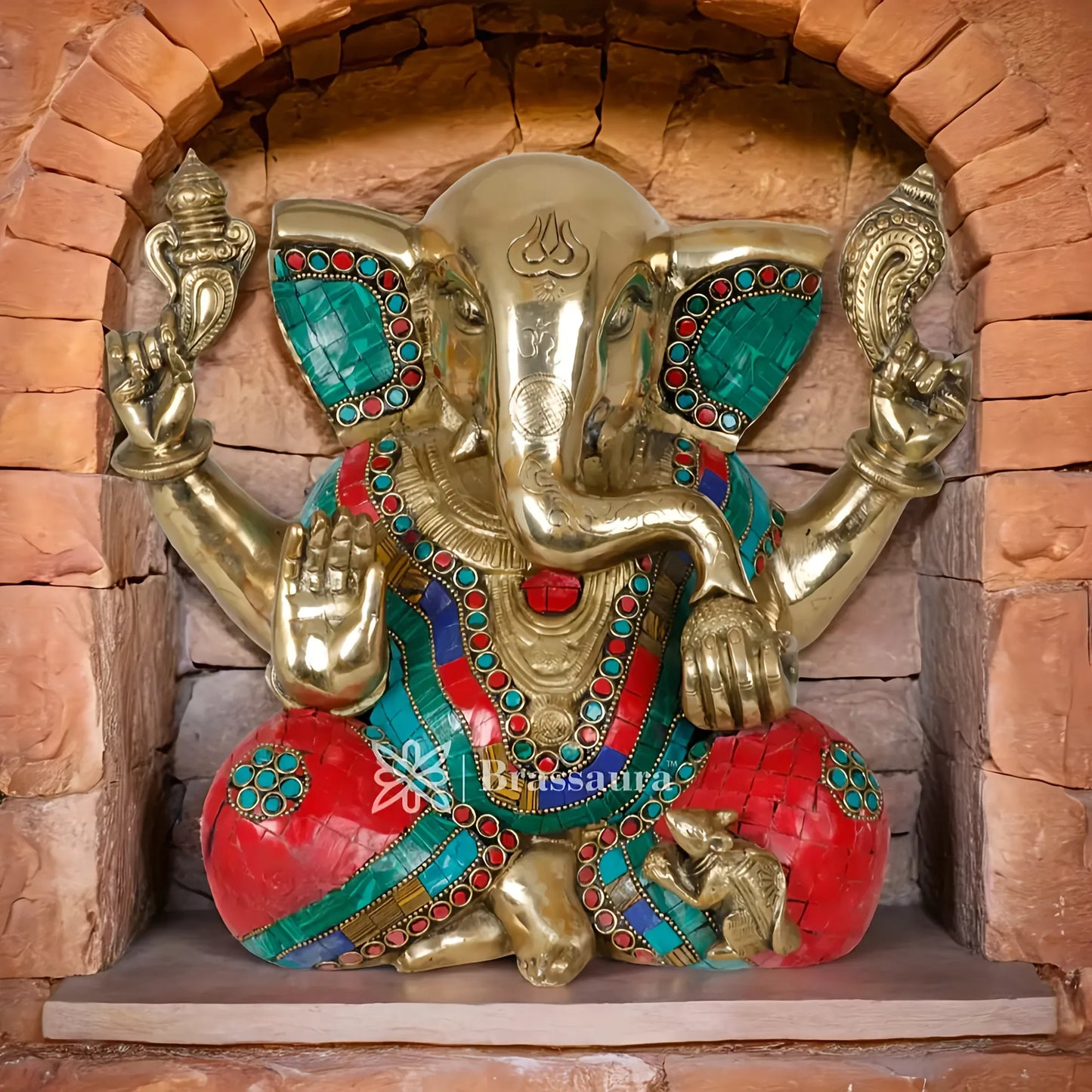 Brassaura™ Brass Gem Stone Work Ganesha Idol for Home Décor | Weight 8.5 Kgs | Height 9 Inches