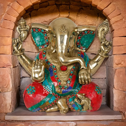 Brassaura™ Brass Gem Stone Work Ganesha Idol for Home Décor | Weight 8.5 Kgs | Height 9 Inches