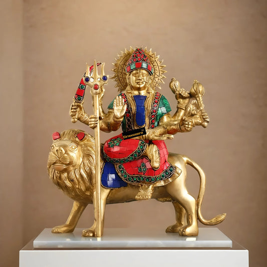 Brassaura™ Pure Brass Goddess Durga Idol – 3.5kg, 9-Inch – Golden Finish Handcrafted Statue for Protection & Prosperity