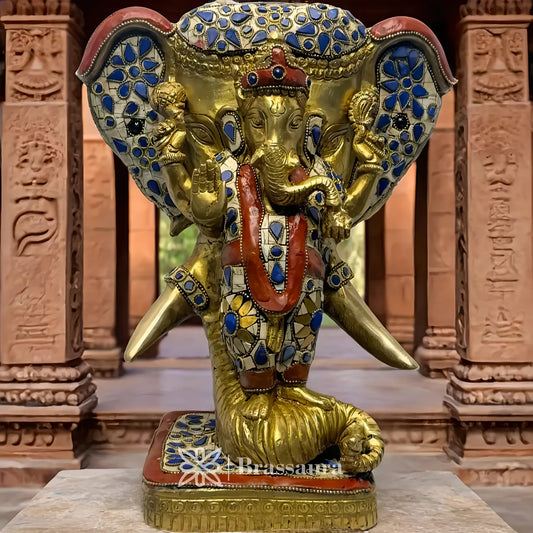 Brassaura™ Brass Gem Stone Work Ganesha with Warrior Elephant Idol – Height 11.4 inches & Weight 8.15 kgs | Ganpati Murti for Pooja & Home Décor